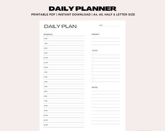 Planificador diario imprimible, Horario diario imprimible, Horario semanal / A4, A5, Medio, Tamaños carta