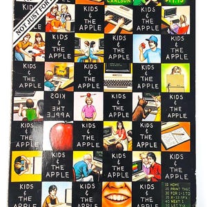 May include: A vintage book cover titled Kids & The Apple by Edward H. Carlson, featuring a black grid of illustrations showing children and adults using computers, a large red apple, and the text Not Just For Kids! and $19.95 on the front.