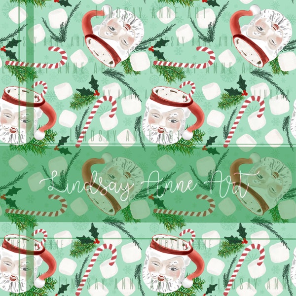 Vintage Santa mug seamless - watercolor repeat seamless JPG pattern - holiday JPG