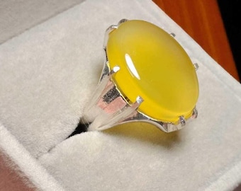 Yellow Agate Sterling Silver Mens Ring, Handmade Yemeni Aqeeq Statement Ring
