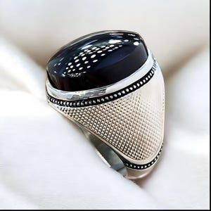 Kabadi Black Yameni Aqeeq Ring for Men, Natural Agate Gemstone Ring, Handmade Mens Silver Ring, 925 Sterling Silver, Shia Ring, Islamic Ring