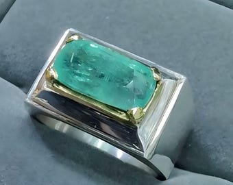 Natural Emerald Sterling Silver Ring, Gemstone Mens Ring