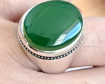 Anel de prata esterlina com ágata verde do Iêmen, anel de ágata masculino