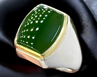 Grüner jemenitischer Aqeeq Ring, Sterling Silber Herren Achat Ring