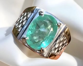 Handmade Sterling Silver Mens Emerald Ring, Panjsher Zamurd Gemstone