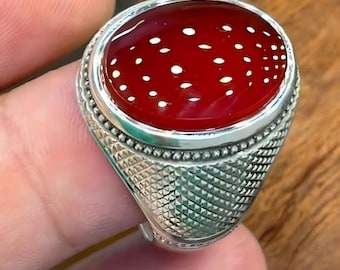 Jemenitisk Aqeeq Sterling Silver Herrring, Röd Agat Ädelsten
