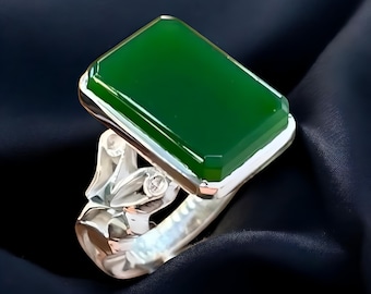 Quadratischer grüner Suleimani-Karneolring aus 925er Sterlingsilber für Herren, perfektes Geschenk für ihn, echter Hakik-Steinschmuck, ideal für den Alltag