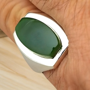 Green Agate Silver Ring for Men, 925 Sterling Silver, Handmade Mens Silver Ring, Yameni Aqeeq Gemstone Ring, Shia Fancy Rings,Islamic Ring