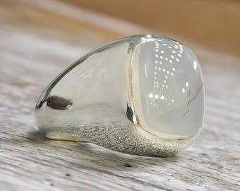 Weißer jemenitischer Aqeeq-Ring, Herrenringe, Edelsteinring Sterlingsilberringe Jahrestagsgeschenk für ihn Verlobungsring Achatring Männerringe