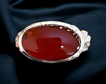 Naturlig jemenitisk Aqeeq-ring, herrring i sterlingsilver, djupröd agat