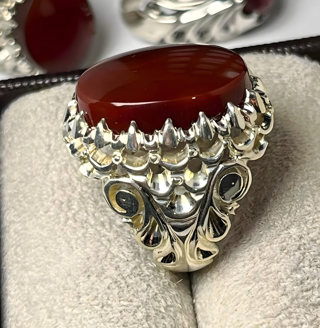 Blood Red Agate Sterling Silver Handmade Ring Mens Rings Yemeni Aqeeq ...