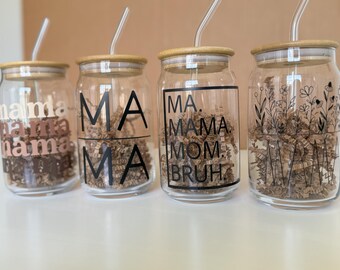 Personalized Mama Iced Coffee Cup - Glass cup with bamboo lid and straw