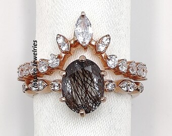 Black Rutilated Quartz Ring Set: Oval Cut Sterling Silver Promise Ring