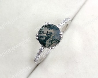 Natural Moss Agate Ring, Round Shape Ring, Silver Ring, Delicate Ring, Stacking Ring, Promise Ring, Anniversary Ring for Women, Gift For Her