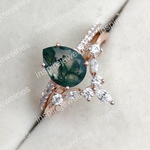 Natural Moss Agate Ring Set-Pear Shaped-Gold Ring-Silver Ring-Delicate Ring-Stacking Ring-Promise-Anniversary Ring for Women-Christmas Gift