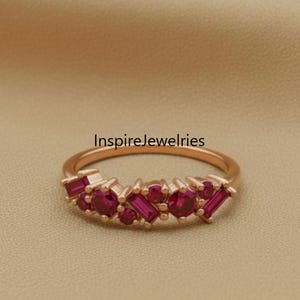 ルビーバゲットエタニティバンド 14Kローズゴールド ダイヤモンドスタッキングリング ルビーバゲットリング スタックバンド アニバーサリーリング 誕生石リング