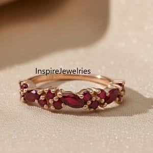 Vintage Ruby Rose Gold Wedding Band, Marquise Diamond Half Eternity Stackable Ring
