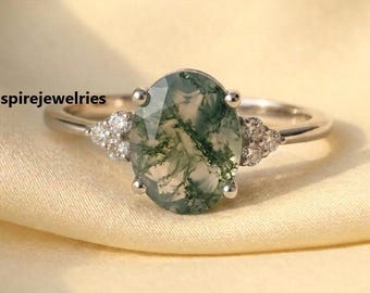 Natural Moss Agate Ring-Oval Shaped-Gold Ring-Silver Ring-Delicate Ring-Stacking Ring-Promise-Anniversary Ring for Women-Christmas Gift-IJ
