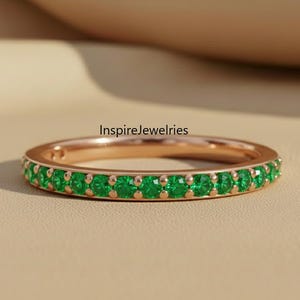 Pierścień ze złota 14k z imitacją szmaragdu, obrączka z diamentami Half Eternity