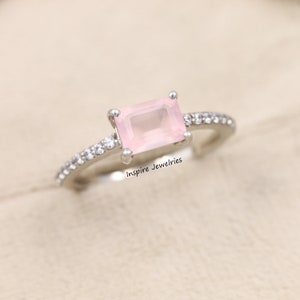Rose quartz Engagement Ring, Emerald Cut Vintage Gold Engagement Cluster Ring, Bridal Ring, Promise Ring, Anniversary Ring, Gift For Har
