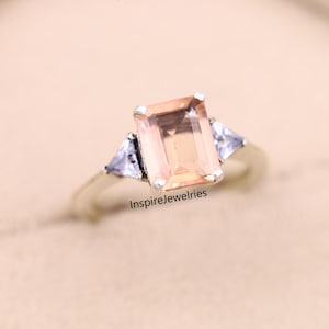 Peach Morganite Emerald Cut Statement Ring, Morganite Engagement Ring, Promise Ring, Proposal Ring, Diamond Ring, Anniversary Gift for Her