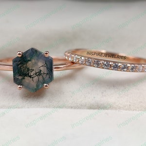 Natural Moss Agate Ring- Hexagon Shaped- Gold Ring- Silver Ring- Tree Ring- Delicate Ring- Stacking Ring- Promise-Anniversary Ring for Women