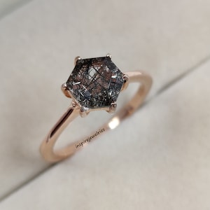 Natural Black Rutilated Quartz Hexagon Shaped Ring , Minimalist Salt And Pepper Diamond Ring , Black Quartz Promise Ring , Anniversary Gift