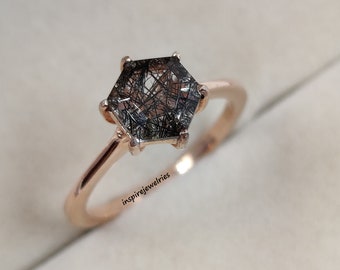 Natural Black Rutilated Quartz Hexagon Shaped Ring , Minimalist Salt And Pepper Diamond Ring , Black Quartz Promise Ring , Anniversary Gift