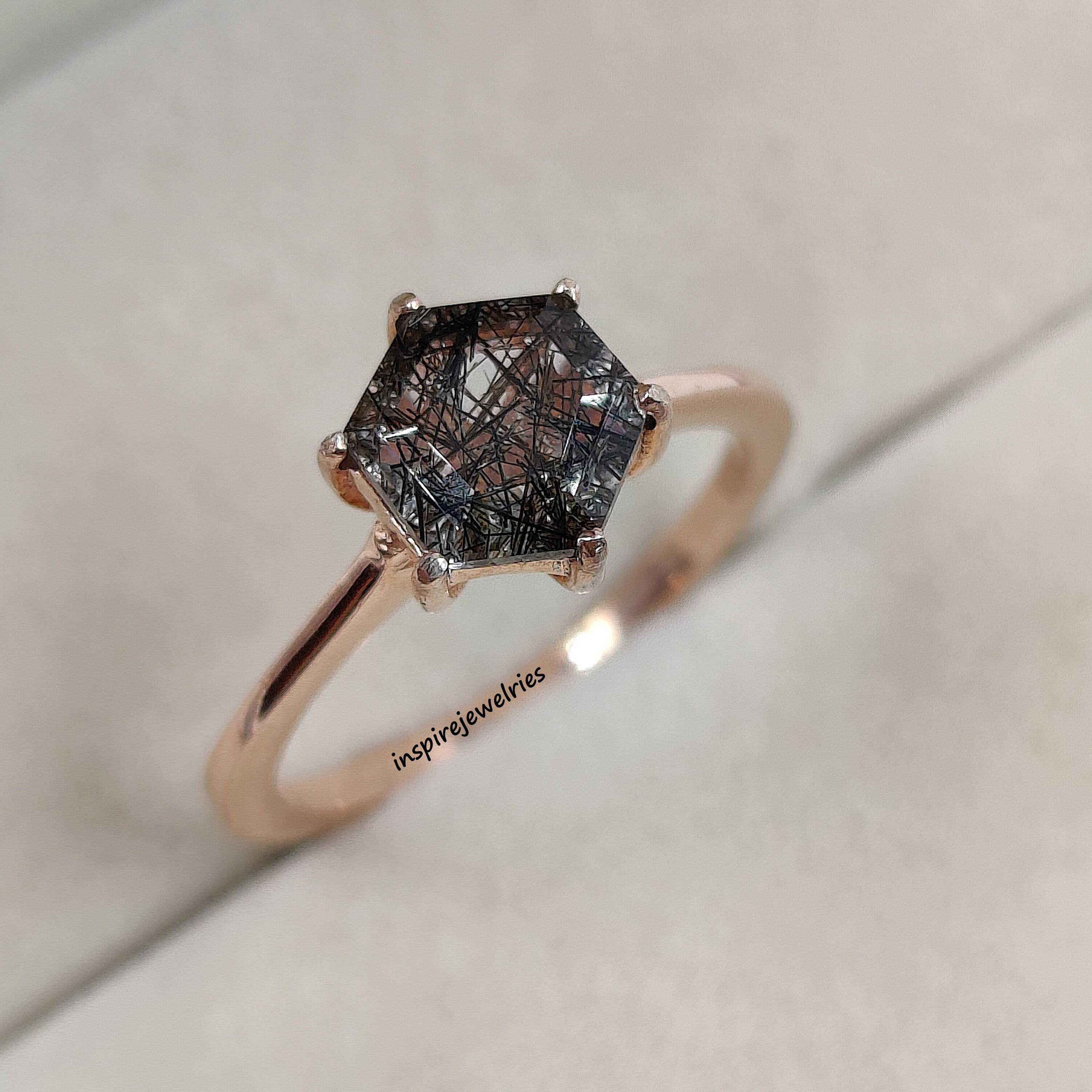 Natural Black Rutilated Quartz Hexagon Shaped Ring , Minimalist Salt And Pepper Diamond Ring , Black Quartz Promise Ring , Anniversary Gift