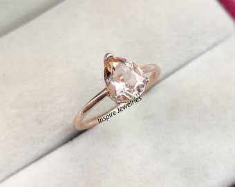 Minimalist Morganite Pear Cut Solitaire Ring, Tear drop Peach Morganite Ring, Promise Ring, Proposal Ring, Delicate Ring, Anniversary Gift