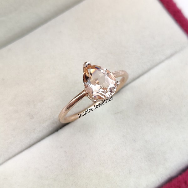 Minimalist Morganite Pear Cut Solitaire Ring, Tear drop Peach Morganite Ring, Promise Ring, Proposal Ring, Delicate Ring, Anniversary Gift