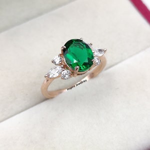 2ct Emerald Engagement Ring Oval Cut Solid 14K Gold Engagement Ring Cluster Ring Marquise CZ Bridal Ring Promise Ring Anniversary Gift