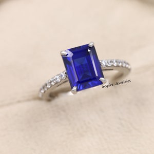Emerald Cut Blue Sapphire Engagement Ring, Unique Pave Diamond Ring, Promise Ring, Anniversary Gifts, 14K Gold Ring, Bridal Ring, Gift
