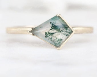 Natural Moss Agate Ring- Kite Shaped-Gold Ring- Silver Ring-Delicate Ring-Stacking Ring-Promise-Anniversary Ring for Women-Christmas Gift-IJ