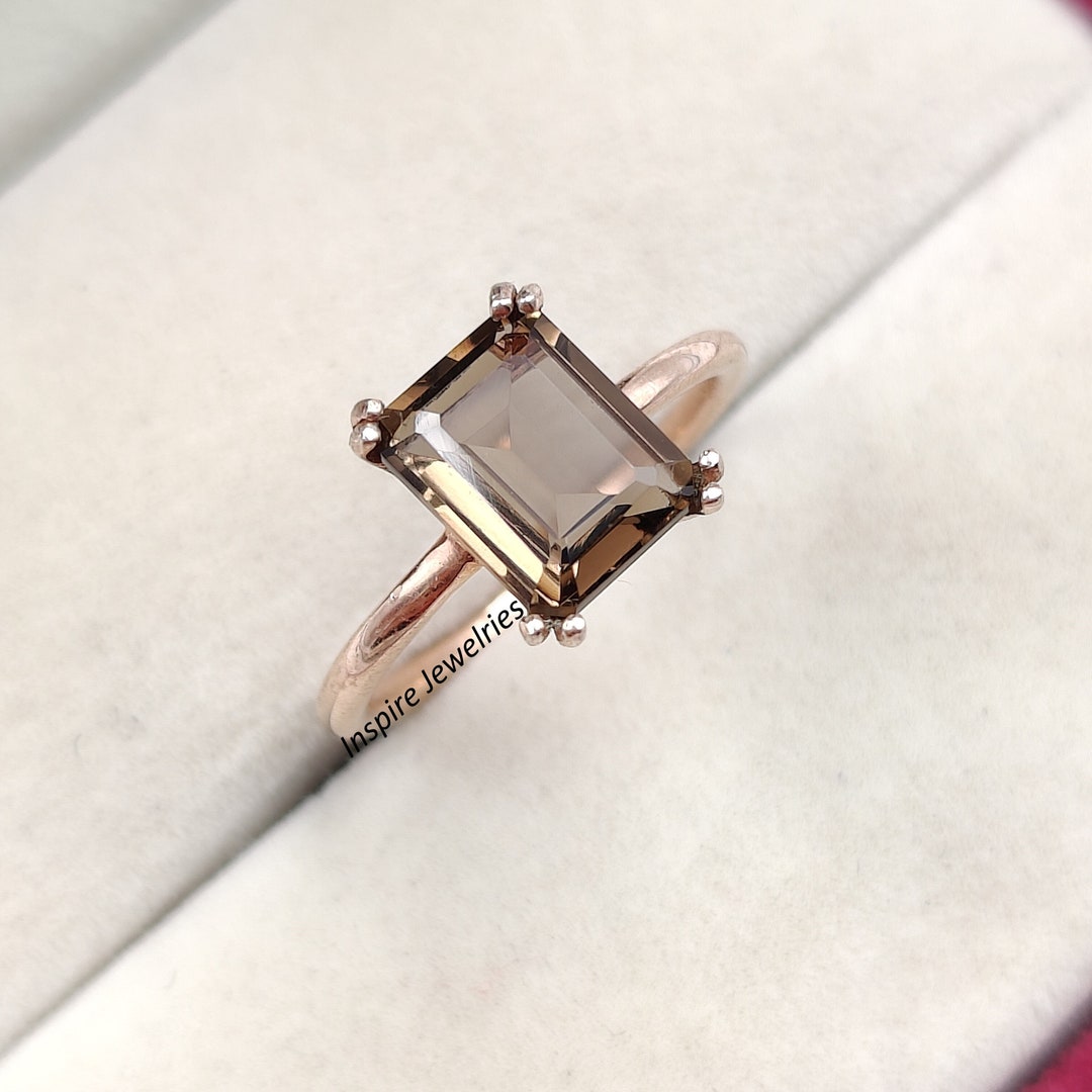 Emerald Cut Smoky Quartz Minimalist Ring Brown Quartz - Etsy