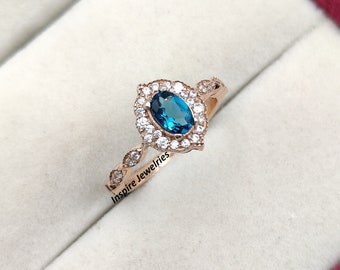 London Blue Topaz Oval Cut Engagement Ring, Victoria Blue Topaz Wedding Ring, Vintage Ring, Dainty Promise Ring, Anniversary Ring for Women