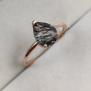 Natural Black Rutilated Quartz Minimalist Pear Cut Ring , Salt And Pepper Diamond Ring , Tear Drop Solitaire Ring , Anniversary Gift For Her
