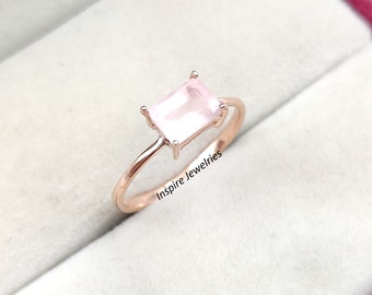 Dainty Natural Rose Quartz Emerald Cut Ring, Pink Gemstone Quartz Engagement Ring, Minimalist Crystal Ring, Healing Quartz Ring, Unique Gift