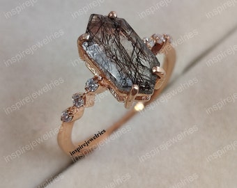 Natural Black Rutilated Quartz Hexagon Cut Ring, Tourmalinated Quartz Ring, Salt and Pepper Diamond Engagement Ring, Promise Ring For Her