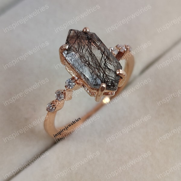 Natural Black Rutilated Quartz Hexagon Cut Ring, Tourmalinated Quartz Ring, Salt and Pepper Diamond Engagement Ring, Promise Ring For Her