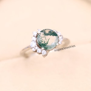 Vintage moss agate engagement ring Art deco leaf promise ring Nature inspired solid 14K 18K white gold cluster ring Unique Anniversary gifts