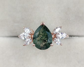 Natural Moss Agate Pear Cut Engagement Ring, Mossy Agate Marquise Ring, Promise Ring for Her, Anniversary Ring for Women, Christmas Gift, IJ