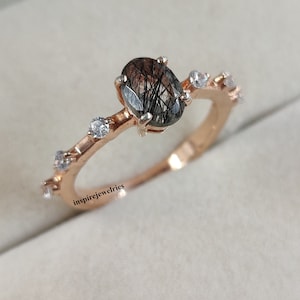 Minimalist Natural Black Rutilated Quartz Oval Cut Ring, Dainty Salt and Pepper Diamond Ring, Black Quartz Engagement Ring, Gift For Her