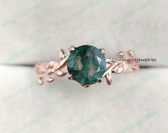 Natural Moss Agate Ring-Round Shaped-Gold Ring-Silver Ring-Delicate Ring-Stacking Ring-Promise-Anniversary Ring for Women-Christmas Gift-IJ