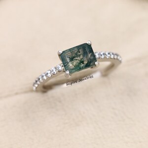Emerald Cut Moss Agate Ring: Sterling Silver, Dainty Anniversary Ring