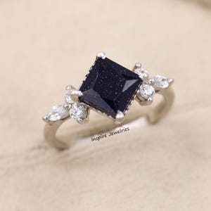 Blue Sandstone Ring, Square Cut Ring, Galaxy Ring, Outer Space Ring, Nebula Ring, Bridal Ring- Solitaire Sandstone Ring- Promise Ring-
