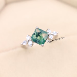 Princess Moss Agate Ring, Green Moss Agate Engagement Ring, Natural Agate Wedding Gold Ring, Bridal Promise Ring Anniversary Gift For Her