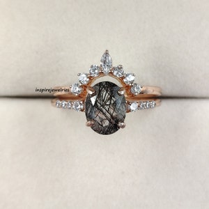 Natural Black Rutilated Quartz Ring Set- Salt And Pepper Diamond Ring- Oval Shaped Black Quartz Ring- Wedding- Anniversary Ring- Gift Her