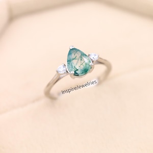 Moss Agate Engagement Ring, Pear Shape 14k Gold Green Solitaire Ring for Women, Vintage Moss Agate Promise Ring, Jewelry Gift for Girlfriend