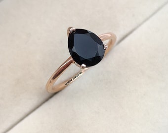 Minimalist Black Onyx Pear cut Ring, Black Onyx Solitaire Ring, Black Diamond Tear Drop Engagement Ring, Promise Ring, Anniversary Gift Her